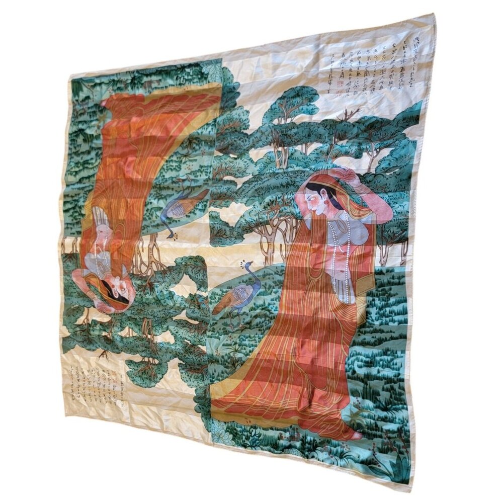 Vintage World Masterworks Scarf Silk Feel Asian Inspired Colorful Pheasant Tree